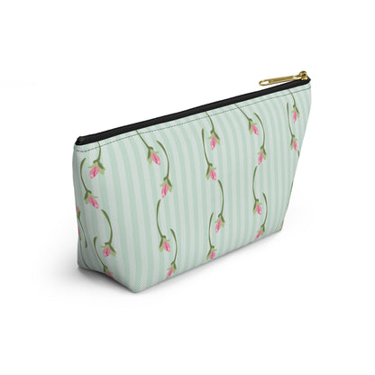 Customizable: Floral Print Accessory Pouch | Cute Makeup Bag, Travel Organizer, Gift for Her, Floral Clutch, Green Striped Bag