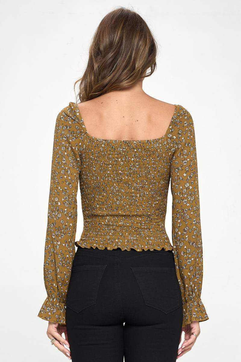 Smocked Floral Long Sleeve Top with Ruffle Neckline | Apparel | Kitchen + Metal