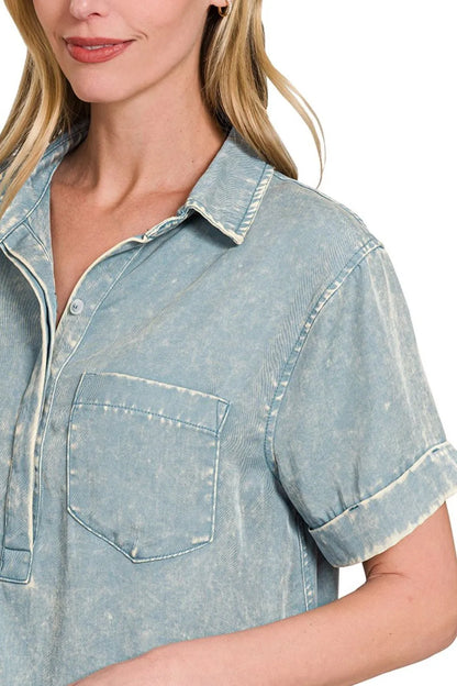 Zenana Tencel Mineral Washed Collared Shirts Dress in Blue Grey