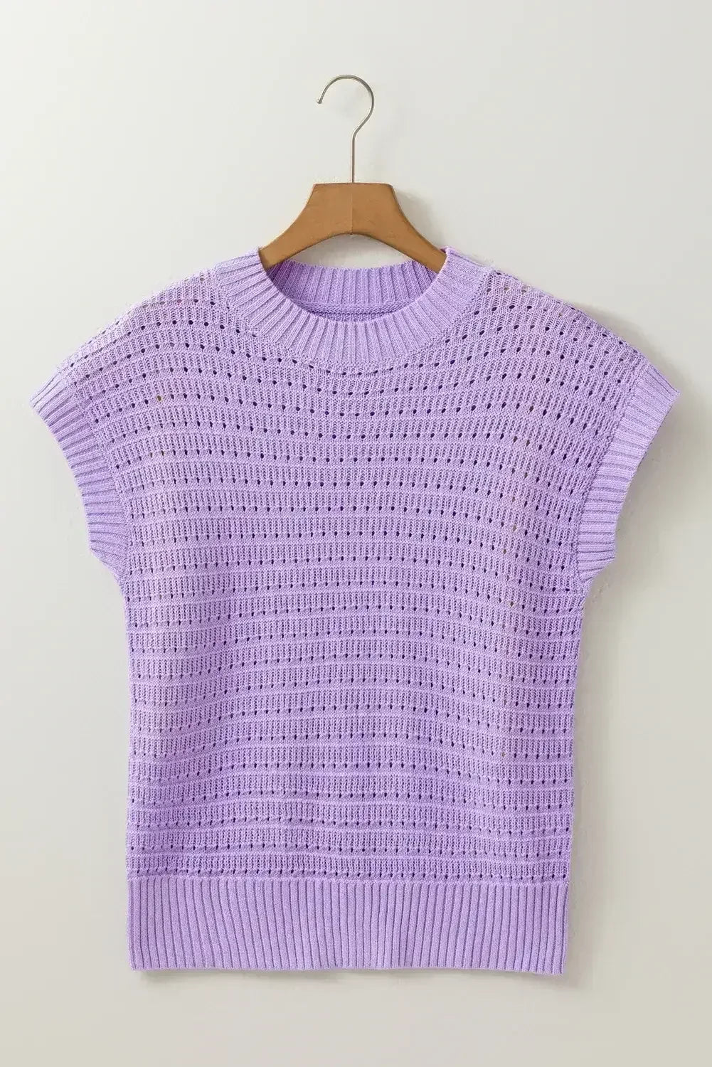 Lavendula Solid Color Ribbed Trim Pointelle Knit Top