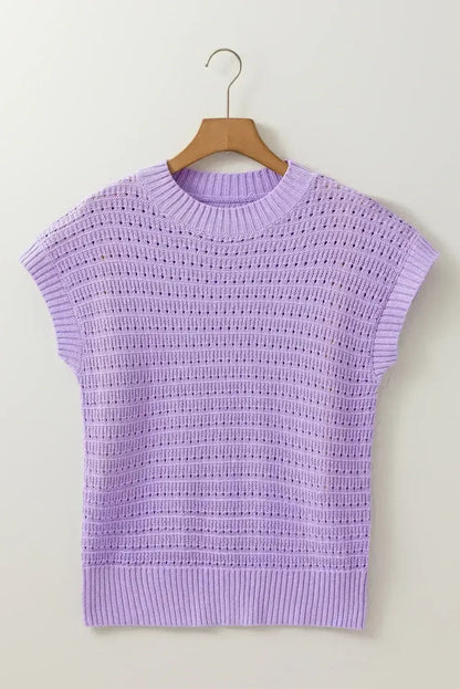 Lavendula Solid Color Ribbed Trim Pointelle Knit Top
