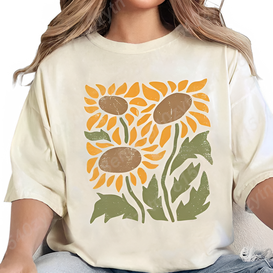Vintage Sunflower T-shirts, Retro Floral Wildflower Print T-shirt, Casual Short Sleeves, Women Oversized T-Shirts, Gifts For Mom