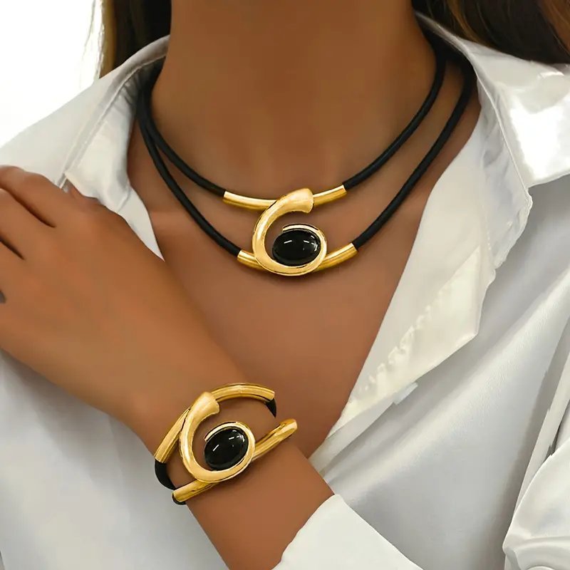 Modern Elegance Black and Silver Leather Choker and Bracelet Combo