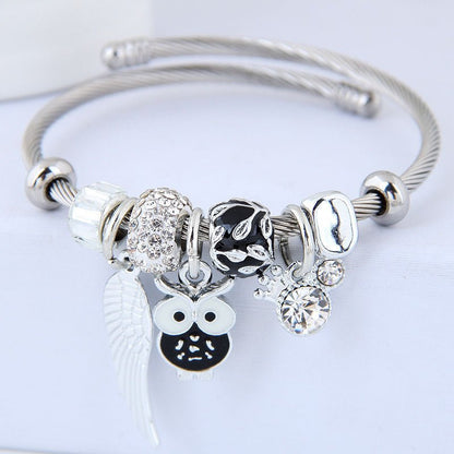Beaded Owl Bracelet with Angel Wings - Stainless Steel Charm Bracelet
