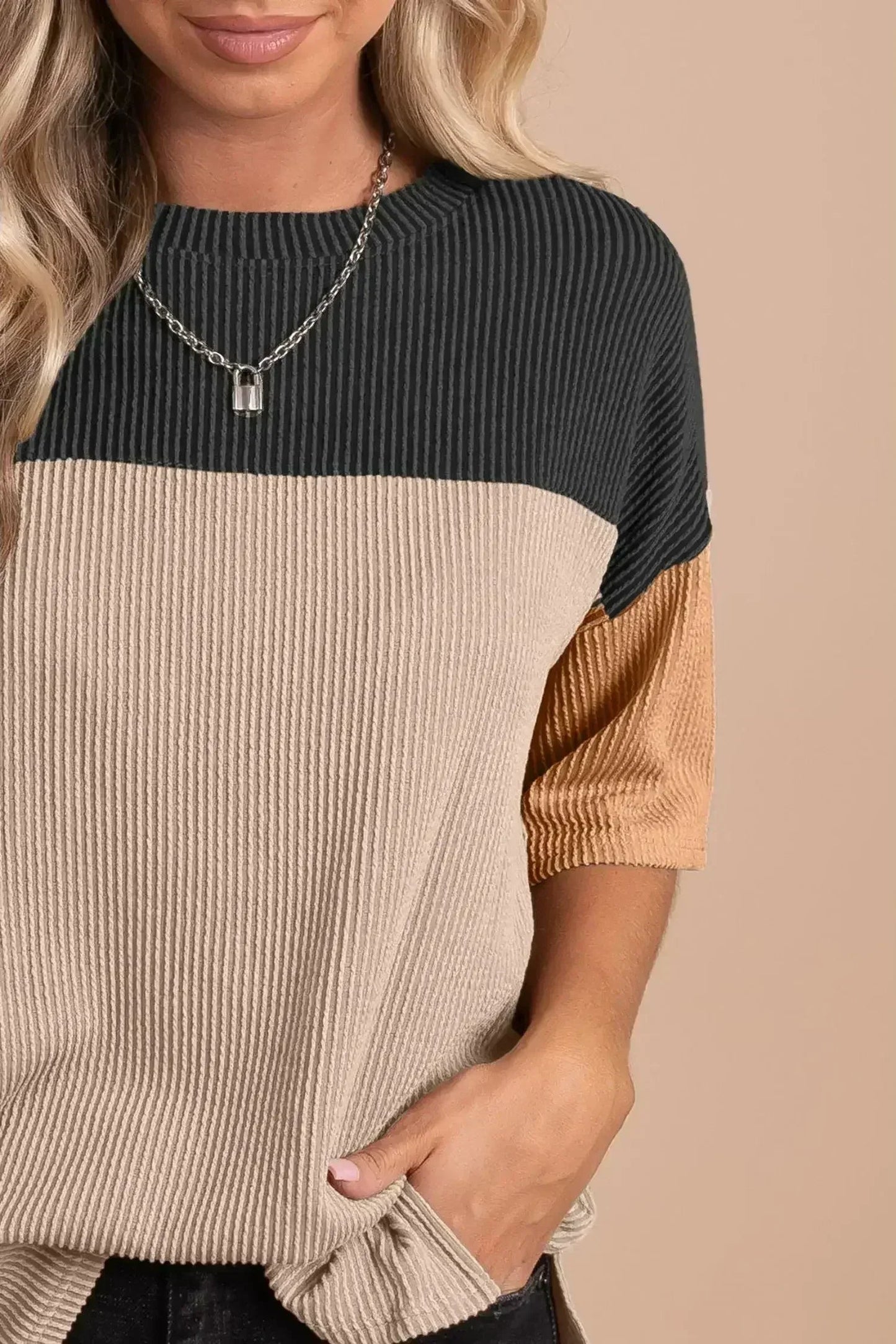 Black Color Block Ribbed Side Slits Half Sleeve Top