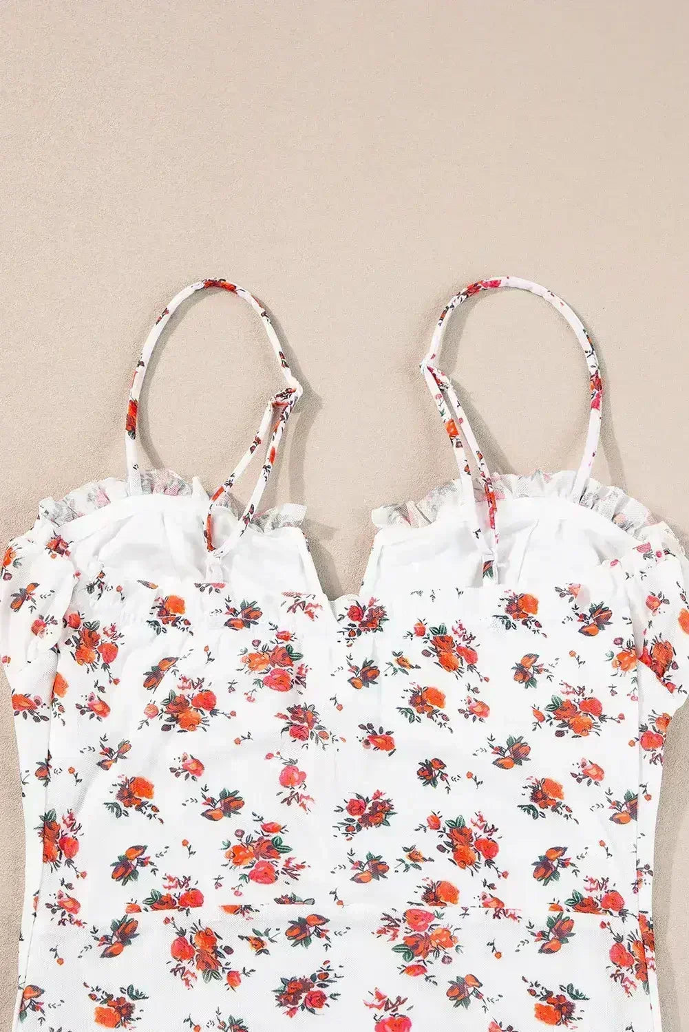 White Floral V-Cut Mesh Bodysuit with Frill Trim - Femstylo