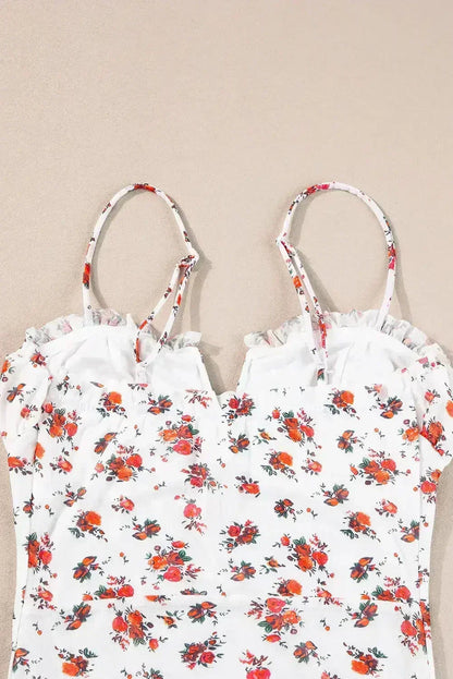 White Floral V-Cut Mesh Bodysuit with Frill Trim - Femstylo