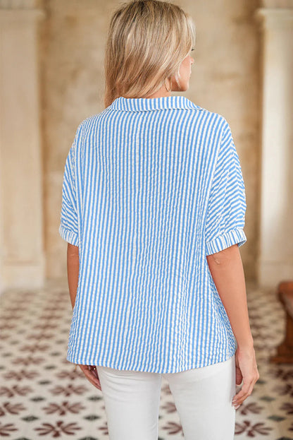 Sachet Pink Striped Dolman Sleeve Pop of Color Neckline Blouse