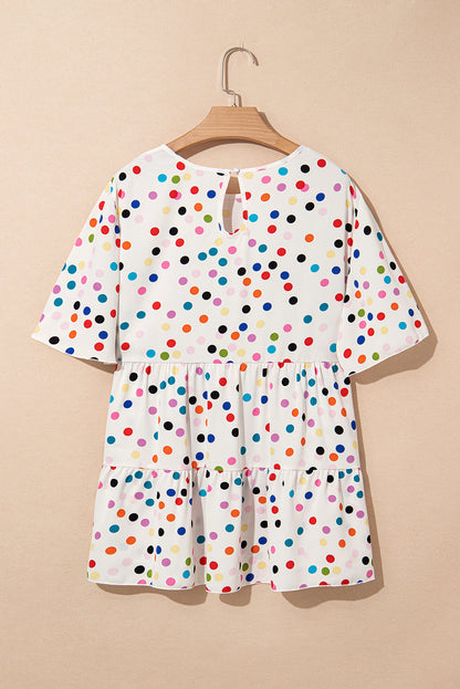 Beige Colorful Polka Dot Print Ruffle Plus Size Babydoll Blouse
