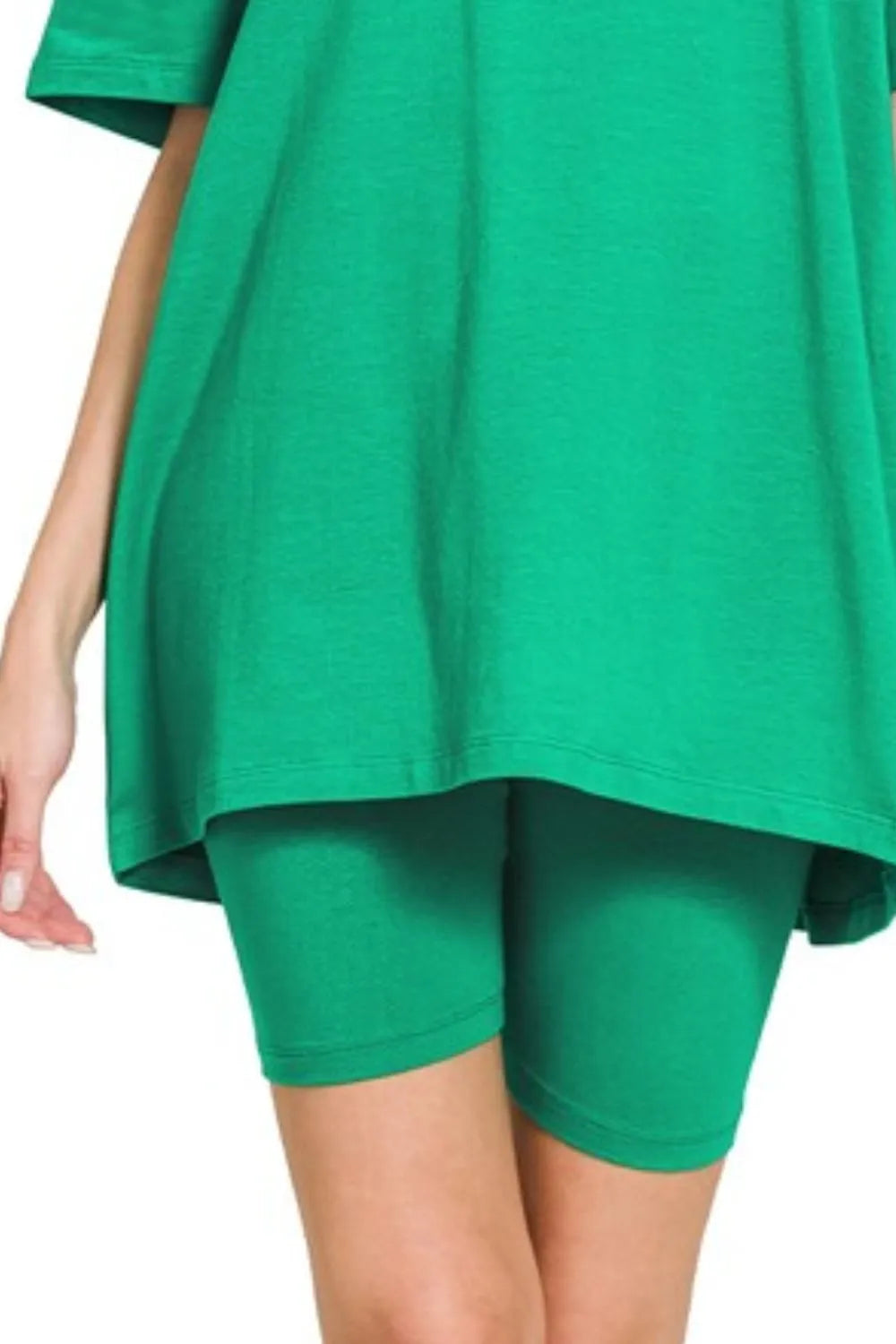 Zenana Cotton Round Neck Top & Biker Shorts in Green