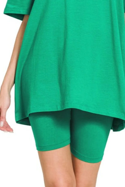 Zenana Cotton Round Neck Top & Biker Shorts in Green