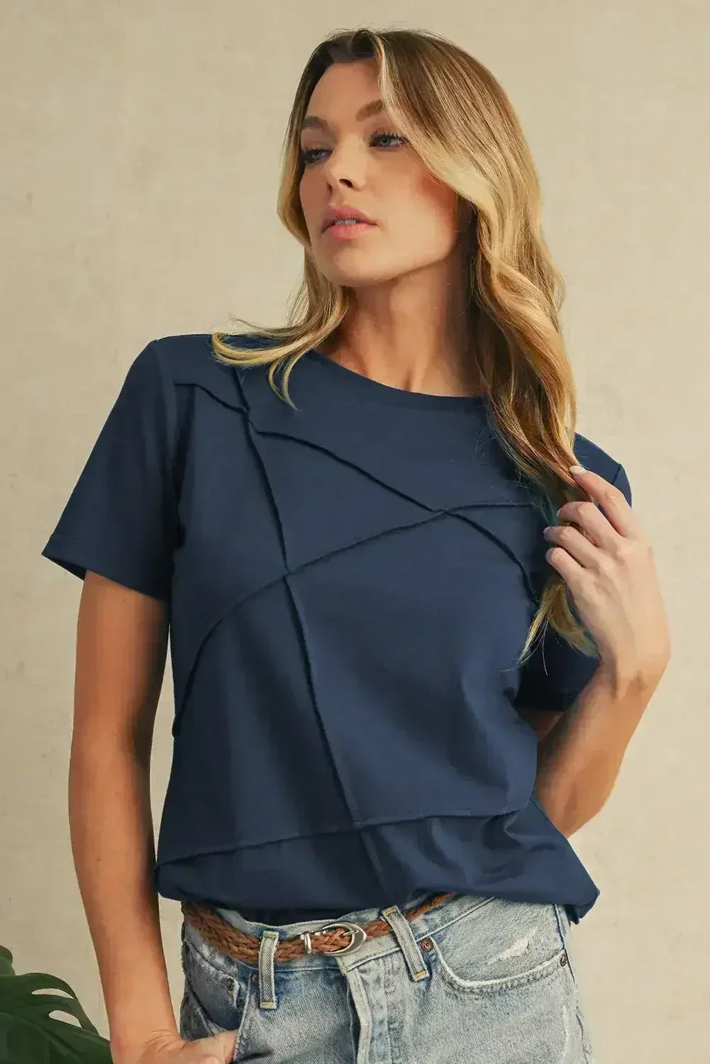 Dirty Blue Solid Color Round Neck T Shirt