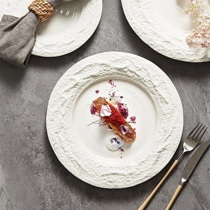 Elegant European Ceramic Dinner Plate with Relief Pattern
