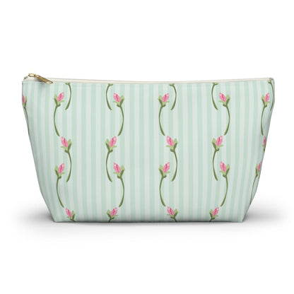 Customizable: Floral Print Accessory Pouch | Cute Makeup Bag, Travel Organizer, Gift for Her, Floral Clutch, Green Striped Bag