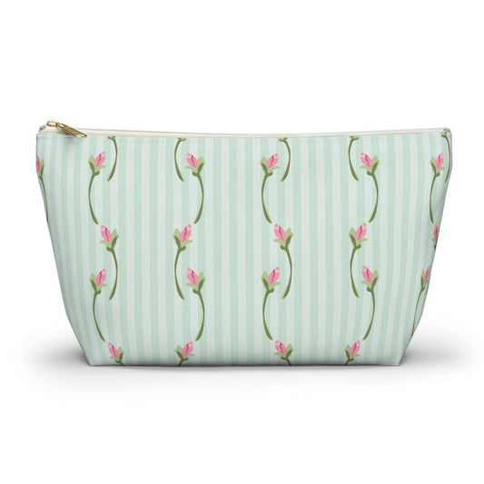 Customizable: Floral Print Accessory Pouch | Cute Makeup Bag, Travel Organizer, Gift for Her, Floral Clutch, Green Striped Bag