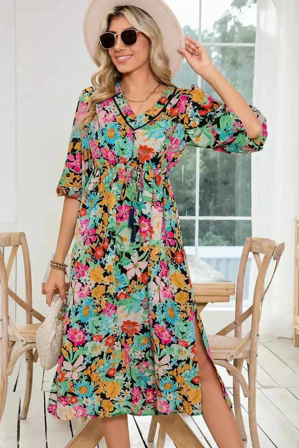 Green Boho Floral Puff Sleeve V Neck Tassel Drawstring Midi Dress