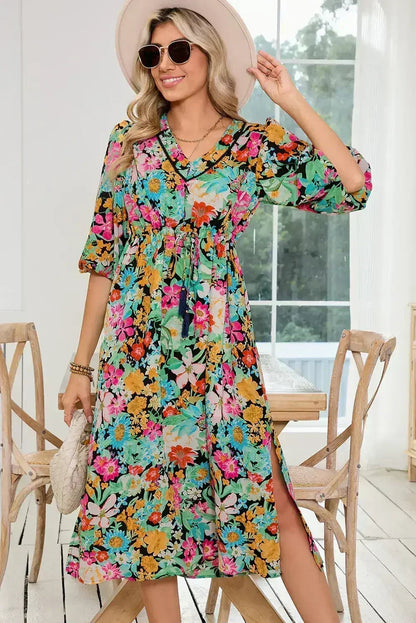 Green Boho Floral Puff Sleeve V Neck Tassel Drawstring Midi Dress