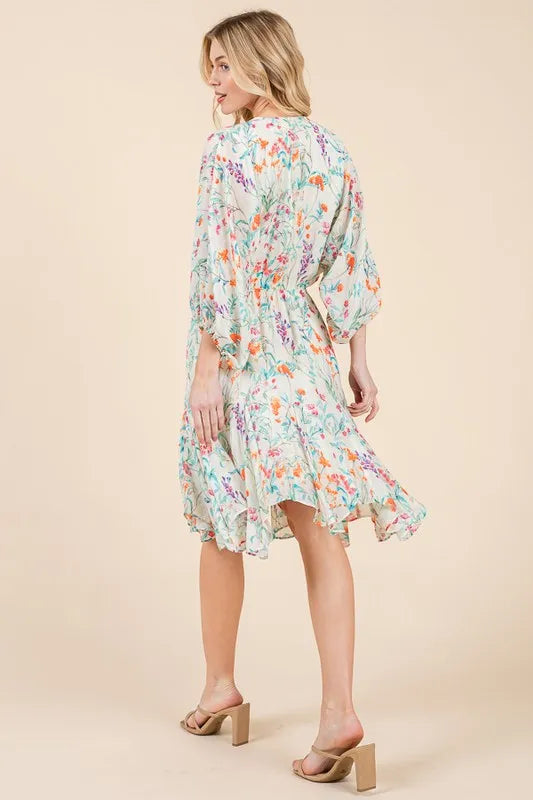 Lime and Chili Dress with Cinched Waist and Balloon Sleeves