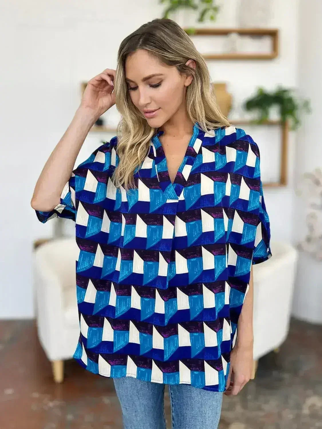 Geometric Notched Sleeve Blouse - Versatile Top | Femstylo