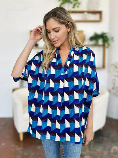 Geometric Notched Sleeve Blouse - Versatile Top | Femstylo