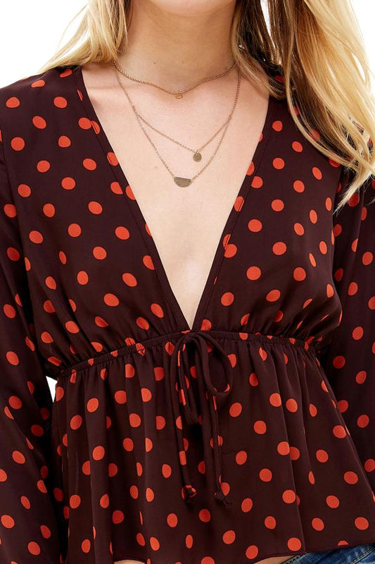 Polka Dot Print Cinched Chest 3/4 Sleeves Hi-Low | Apparel | Kitchen + Metal