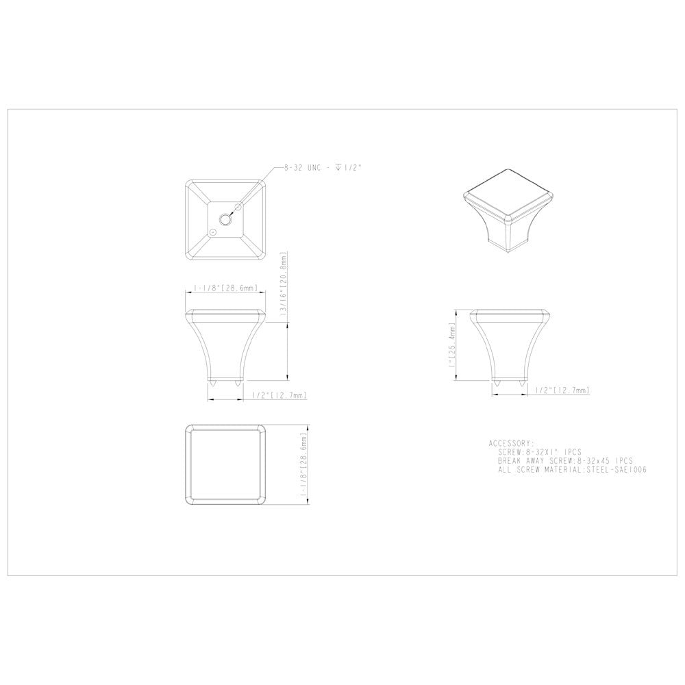 7/8" Overall Length Satin Nickel Square Marlo Cabinet Knob