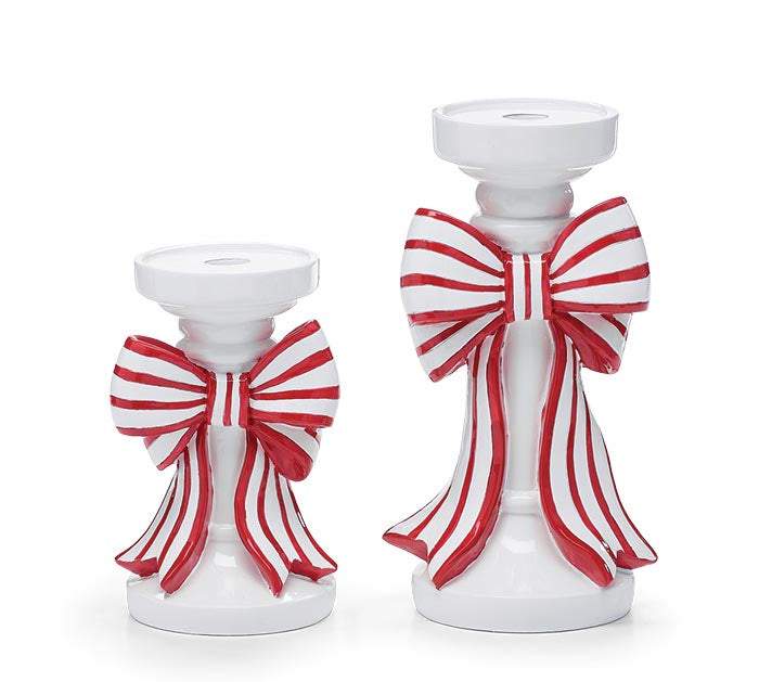 Santa's Sweet Shoppe Collection - WHITE WITH RED WHITE BOW CANDLEHOLDER SET