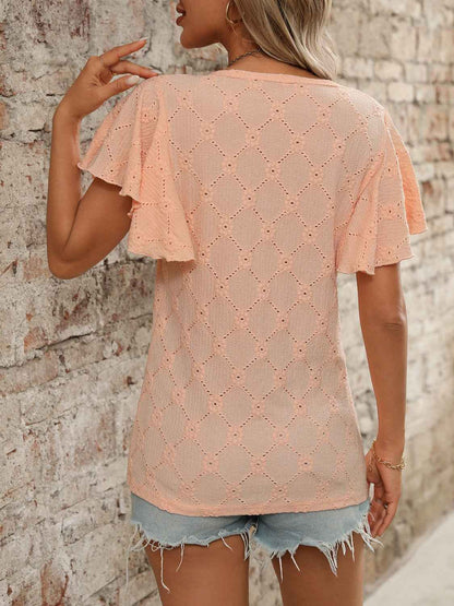 Eyelet Flutter Sleeve Top - Round Neck & Stylish Women's Top