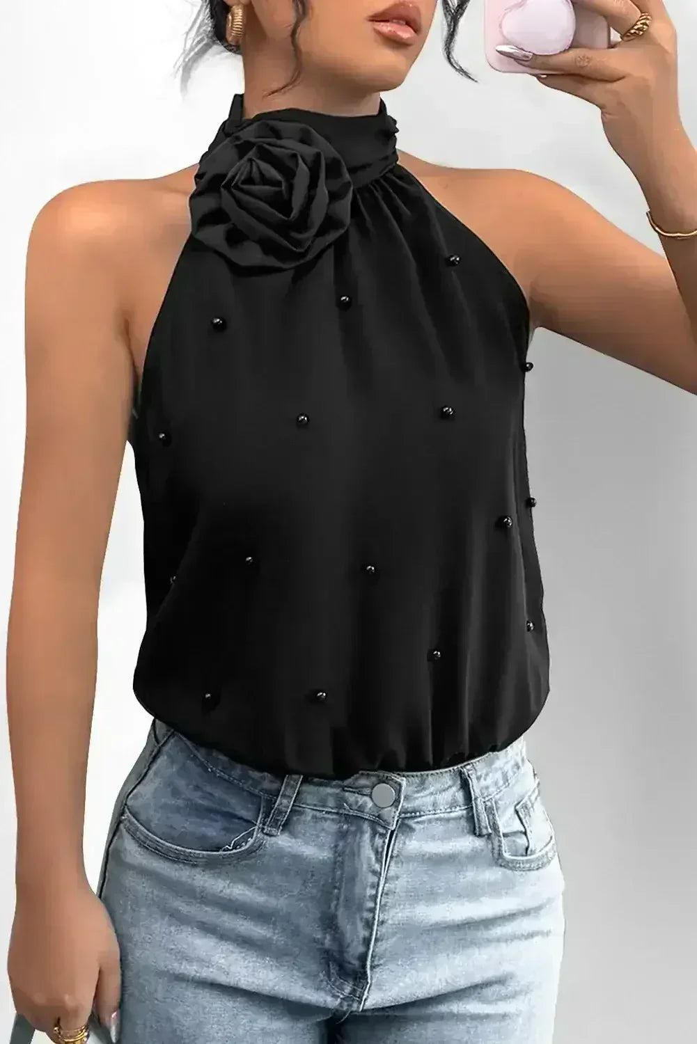 Black Beaded Flower Halter Neck Bodysuit - Femstylo