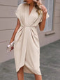 Summer Batwing Sleeve Dress - Stylish V-neck Pleated Short Sleeve Dress for Women