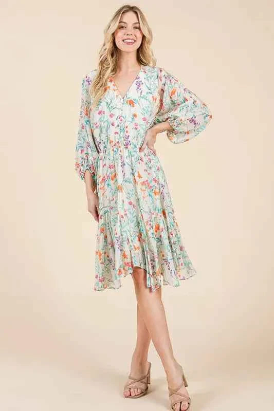 Lime and Chili Dress with Cinched Waist and Balloon Sleeves