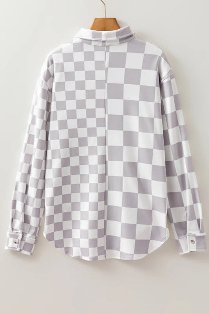 Khaki Checkerboard Shacket | Button Front Flap Pocket Jacket -Femstylo