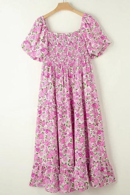 Pink Floral Smocked Puff Sleeve Flowy Midi Dress