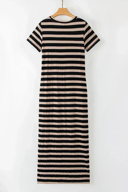 Black Striped Side Pockets T-shirt Maxi Dress