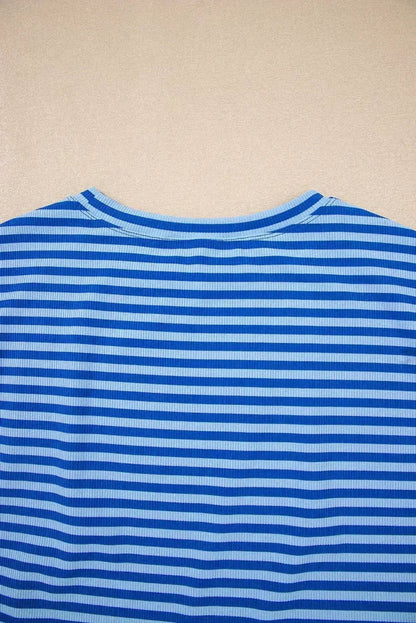Black Stripe Ribbed Cap Sleeve Round Neck T Shirt