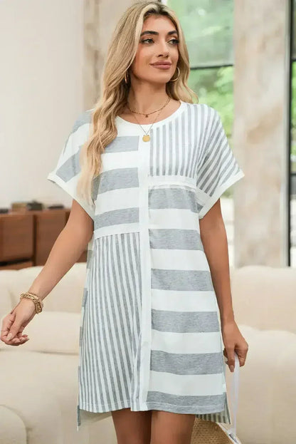 Gray Stripe Mixed Printed Short Sleeve Shift Mini T Shirt Dress