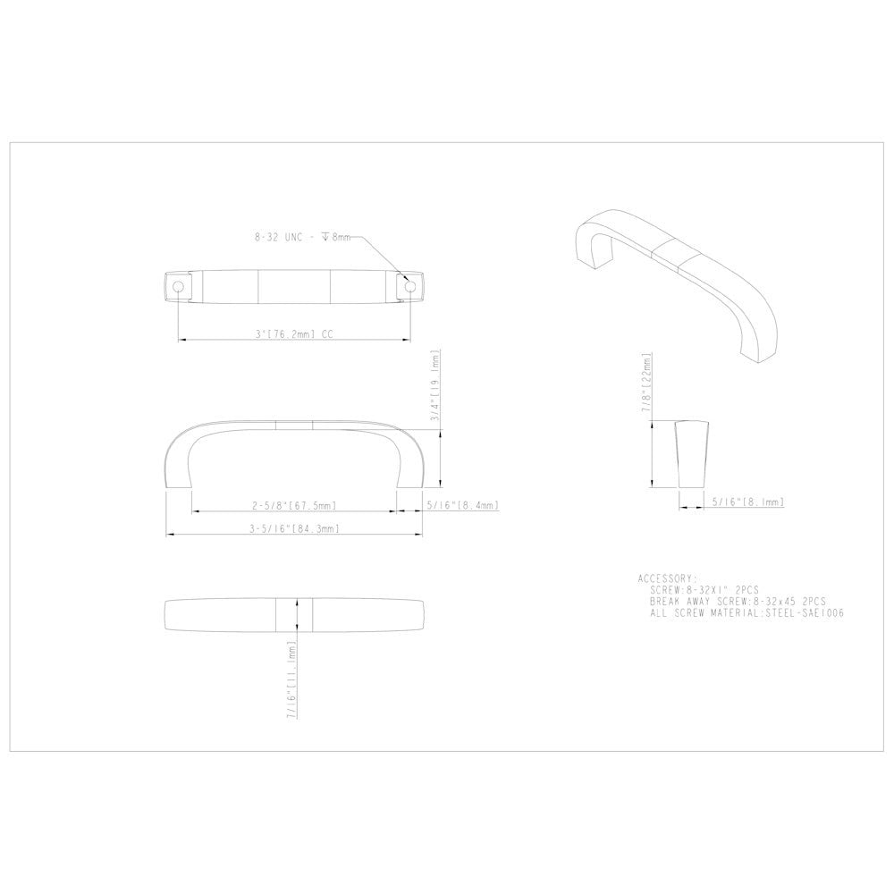 3" Center-to-Center Satin Nickel Square Slade Cabinet Pull