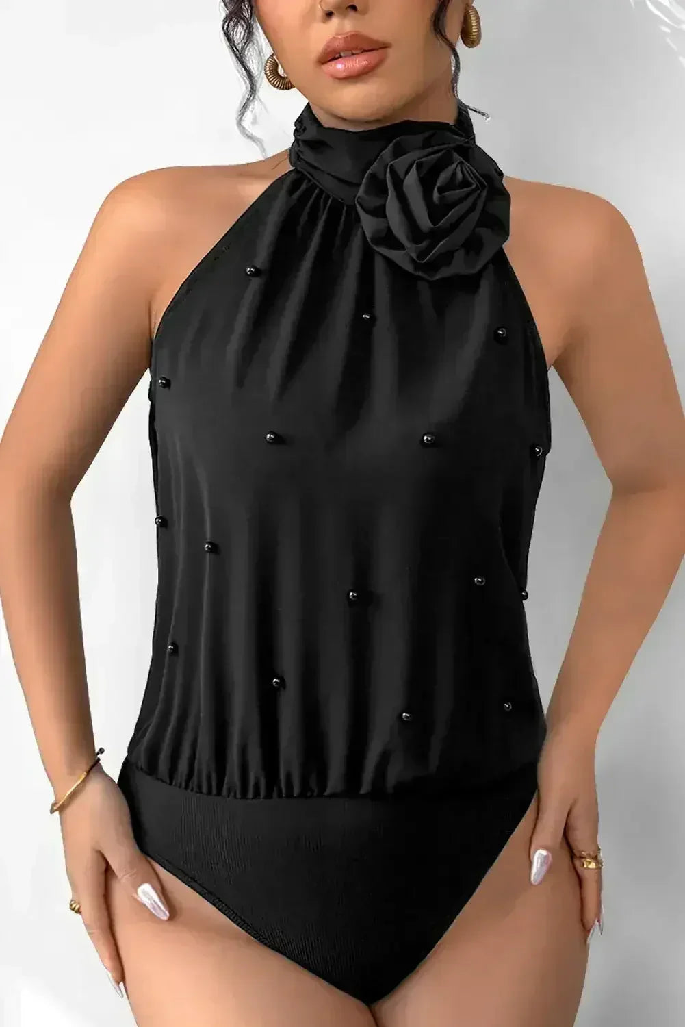Black Beaded Flower Halter Neck Bodysuit - Femstylo