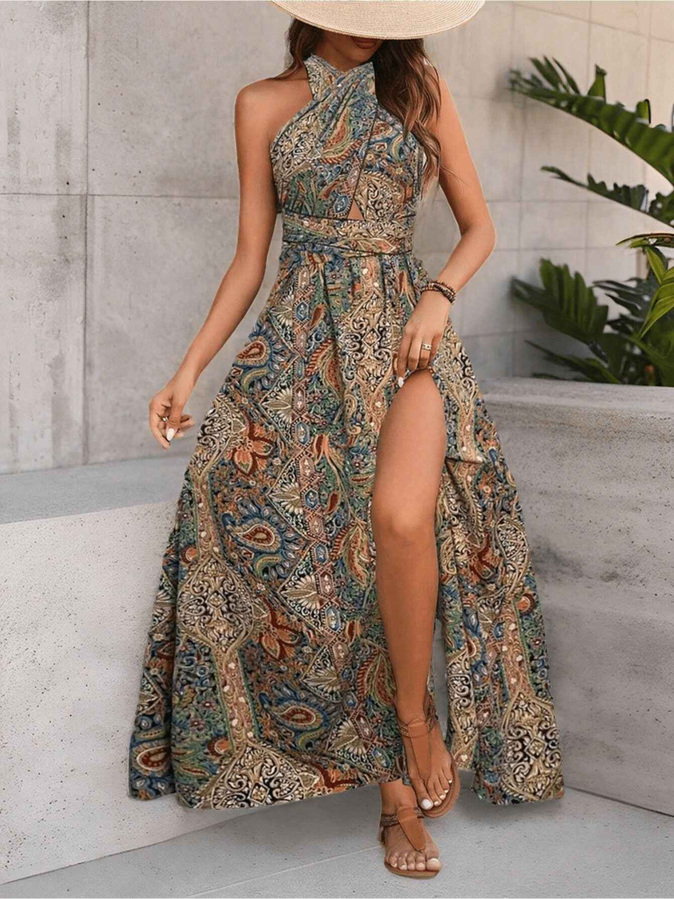 Women Print Maxi Dress with Tie Detail - High Waisted Cross Halter Neck, Flowing Teal & Brown Paisley Vacation Gown, Machine Washable Summer Fashion