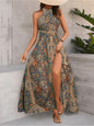 Women Print Maxi Dress with Tie Detail - High Waisted Cross Halter Neck, Flowing Teal & Brown Paisley Vacation Gown, Machine Washable Summer Fashion