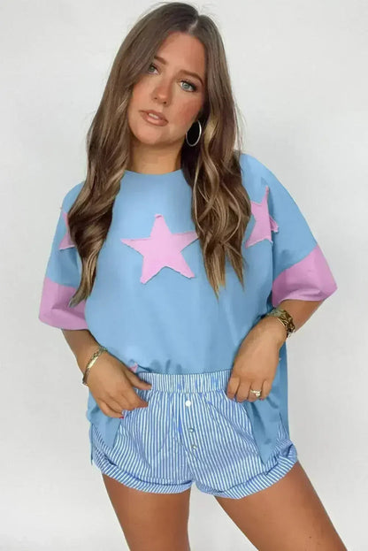 Aruba Blue Frayed Star Patched 4th of July Oversize T Shirt