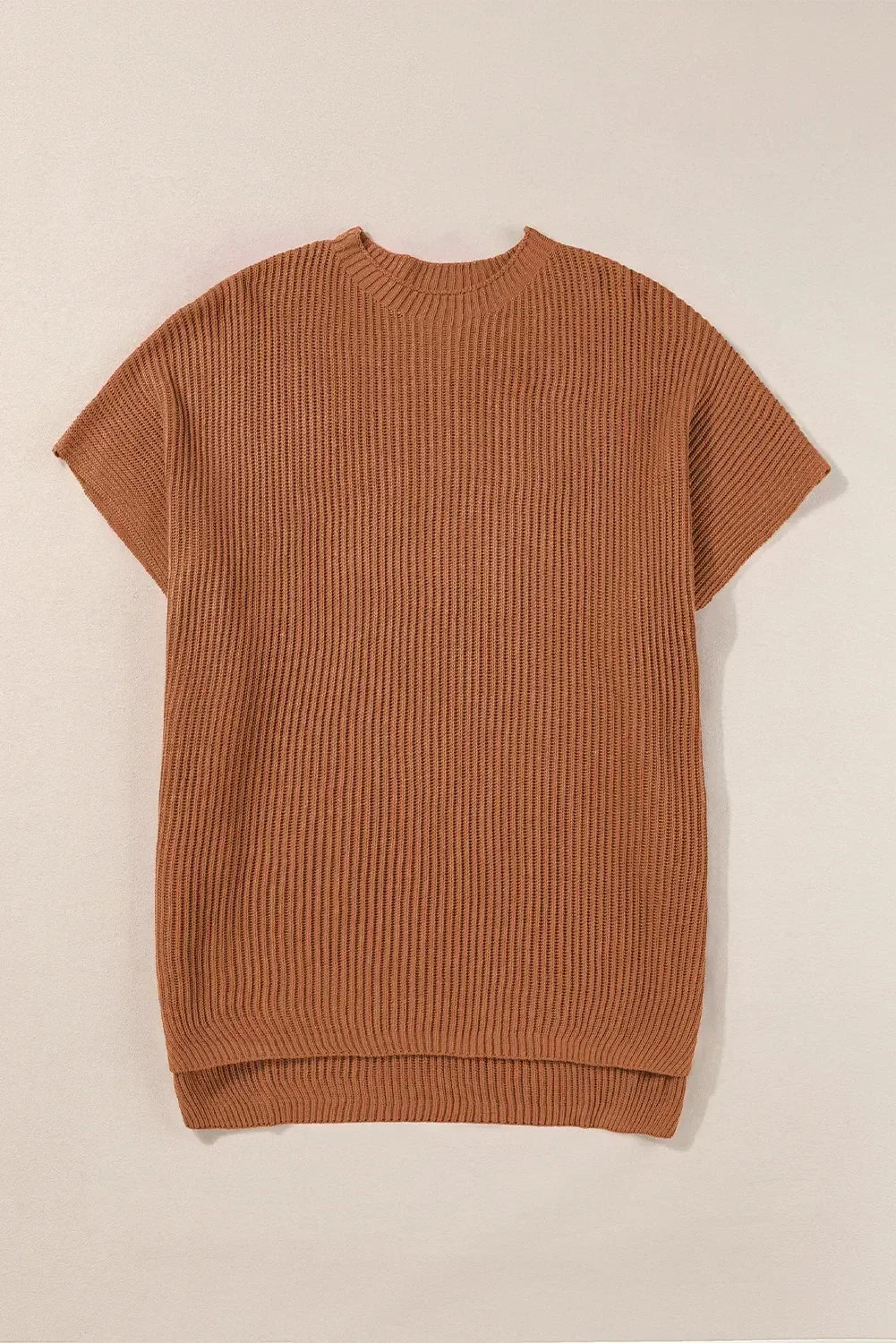 Rose Red Side Slit Short Sleeve Oversized Sweater