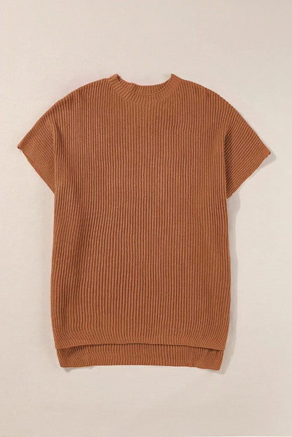 Rose Red Side Slit Short Sleeve Oversized Sweater
