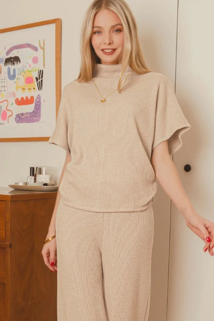 Zenana Sweater Mock Neck Top & Long Pants Set in Mocha