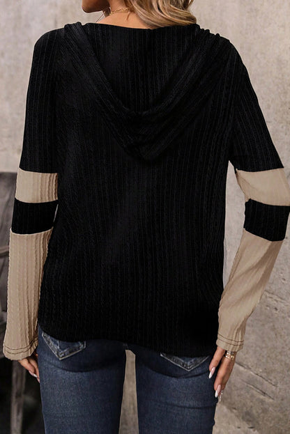 Parchment Textured Patchwork Long Sleeve Hooded Women's Top