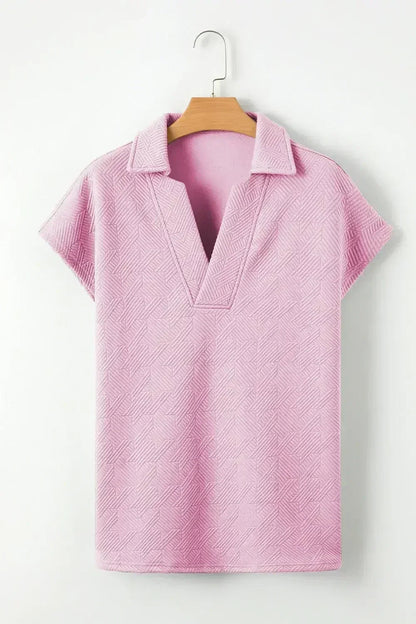 White Textured V Neck Collared Split Hem T Shirt
