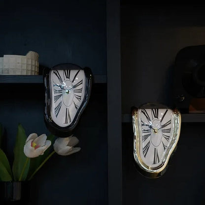Two views of a unique clock design on a dark background with flowers.