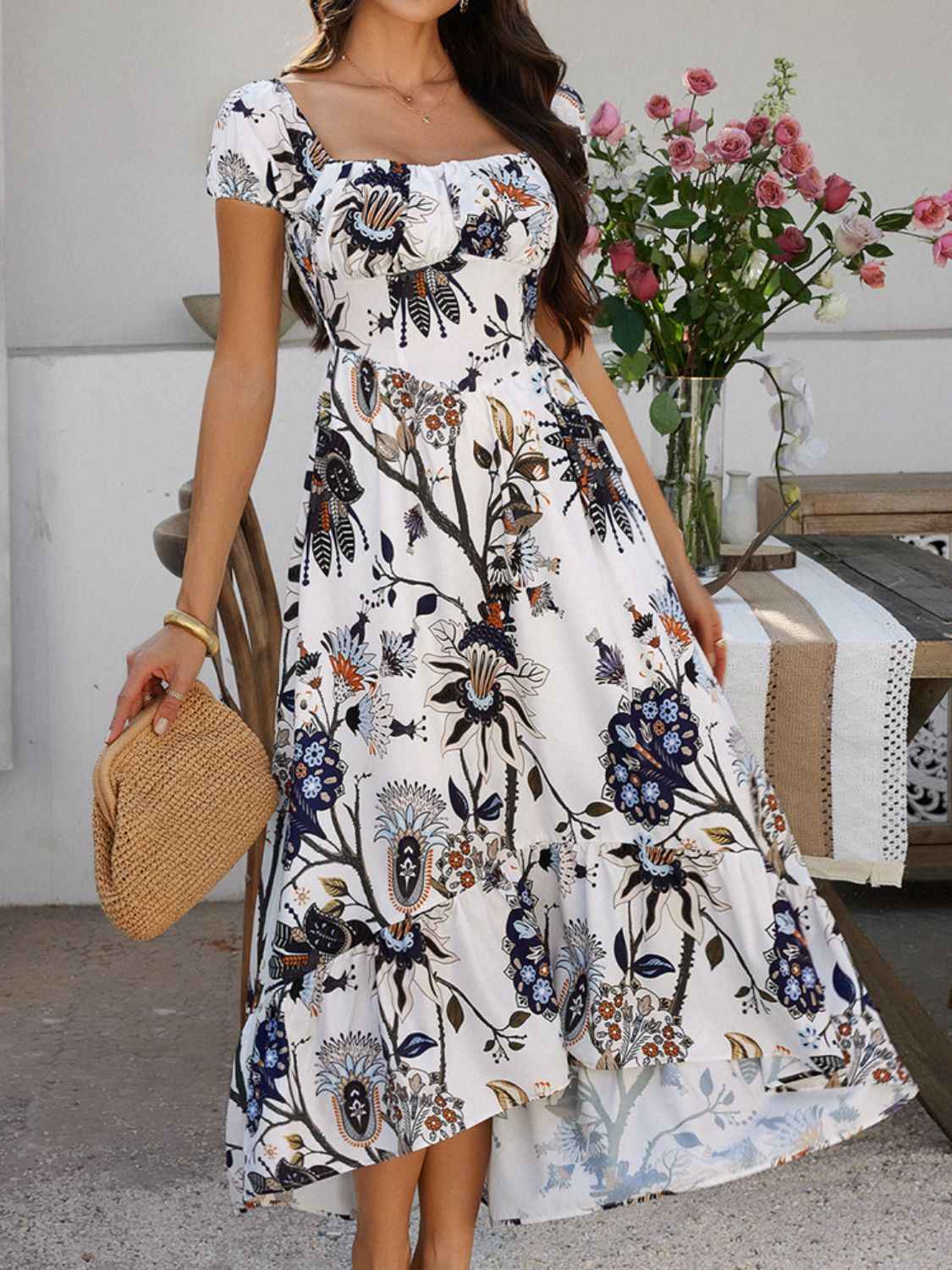 Devine Smocked Maxi Dress - Printed Short Sleeve Women's  Dress