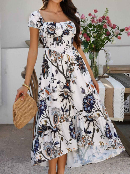 Devine Smocked Maxi Dress - Printed Short Sleeve Women's  Dress