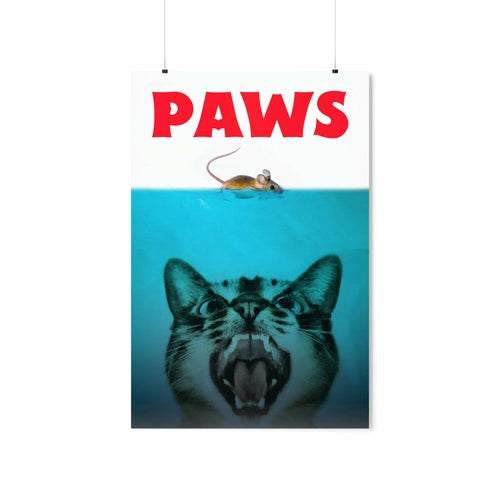 Poster with a cat underwater, a mouse above water, and 'PAWS' text at the top.